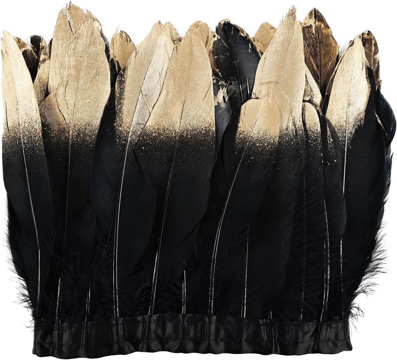 MAOFENG 2 Yards Natural Goose Feathers Trim Sewing Fringe Fashion Dress Sewing 6-8inch for DIY Handicrafts Costumes Decoration,Black Golden - Image 1